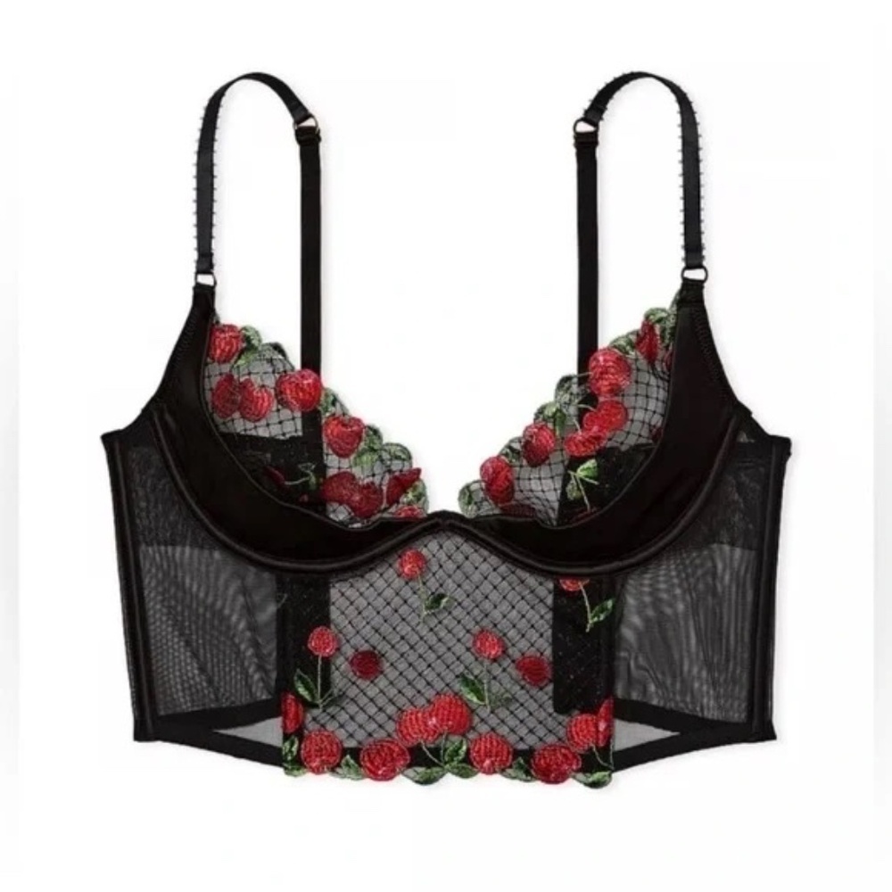 New! VS Very Sexy Cherry Quarter Cup Embroidered Corset Bra Top 45813